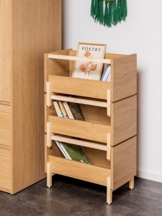 SIMPLBOX 6.0 - skrzynka do pionowego składowania / sztaplowania, drewnopodobny dekor STONE OAK i lite drewno, POWYSTAWOWA