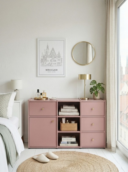 Minimalistyczna komoda VOEK (3.3) - szuflady, półki, szafka, mieszane. Wybierz wymiary, kolory, wyposażenie