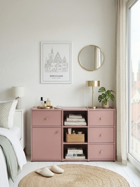 Minimalistyczna komoda VOEK (3.3) - szuflady, półki, szafka, mieszane. Wybierz wymiary, kolory, wyposażenie