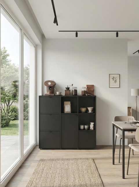 Minimalistyczna komoda VOEK (3.3) - szuflady, półki, szafka, mieszane. Wybierz wymiary, kolory, wyposażenie