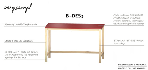 B-DES3 czerwone biurko w stylu skandynawskim, na drewnianych nogach. B-DES3 czerwone biurko w stylu skandynawskim, na drewnianych nogach.