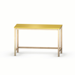 B-DES3 żółte biurko w stylu skandynawskim, na drewnianych nogach.
