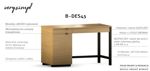 B-DES45-PRO, biurko z dwiema szufladami i szafką z forniru dębowego i drewna, kilka rozmiarów B-DES45-PRO, biurko z dwiema szufladami i szafką z forniru dębowego i drewna, kilka rozmiarów