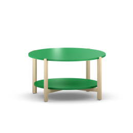 STK-NLEVEL2-COLOR Zielony, okrągły stolik kawowy z półką, drewniane nogi.