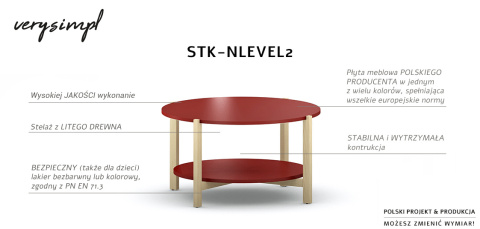 STK-NLEVEL2 Czerwony, okrągły stolik kawowy z półką, drewniane nogi. STK-NLEVEL2 Czerwony, okrągły stolik kawowy z półką, drewniane nogi.