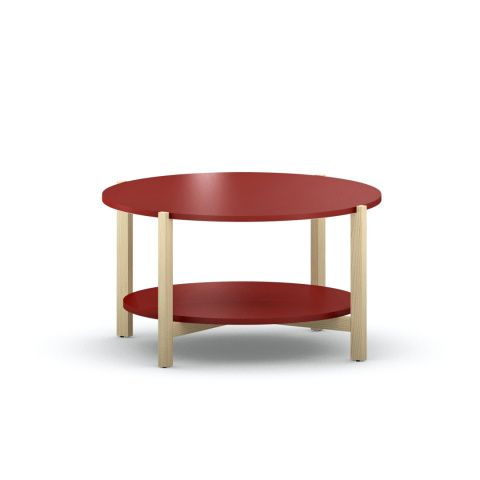 STK-NLEVEL2 Czerwony, okrągły stolik kawowy z półką, drewniane nogi.