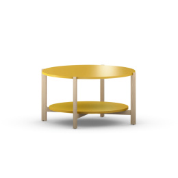 STK-NLEVEL2 Żółty, okrągły stolik kawowy z półką, drewniane nogi.