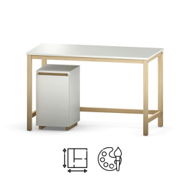 B-DES3 biurko z kontenerkiem, na drewnianych nogach w wielu kolorach, drewnopodobnych dekorach, ze sklejki i forniru