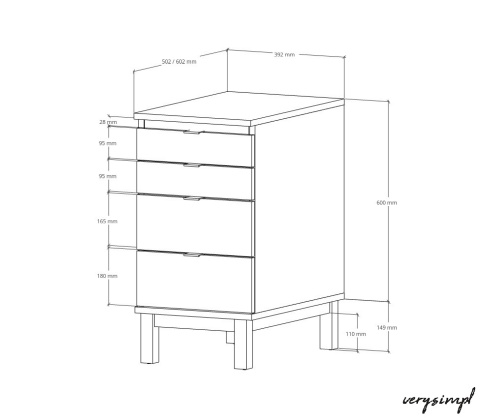 Zestaw: Biurko B-DES3 z dostawką z szufladami D-DES3 z kolorowej i drewnopodobnej płyty, forniru lub sklejki. Stelaż z drewna