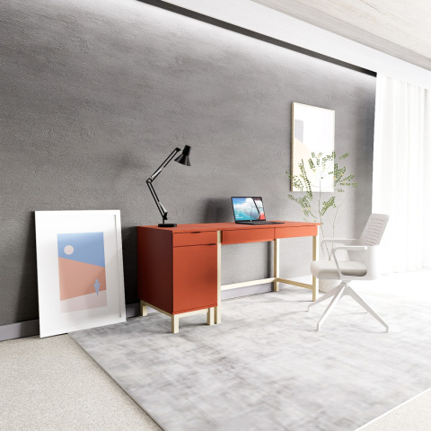 B+D-MODEL, biurko z dwiema szufladami z dostawką z szufladą i szafką, czerwony, ceramic red B+D-MODEL, biurko z dwiema szufladami z dostawką z szufladą i szafką, czerwony, ceramic red