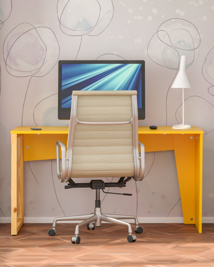 Wysyłka w 24h! B-EDGE2 ŻÓŁTE biurko z drewnianą nogą, asymetryczny kształt 120x60